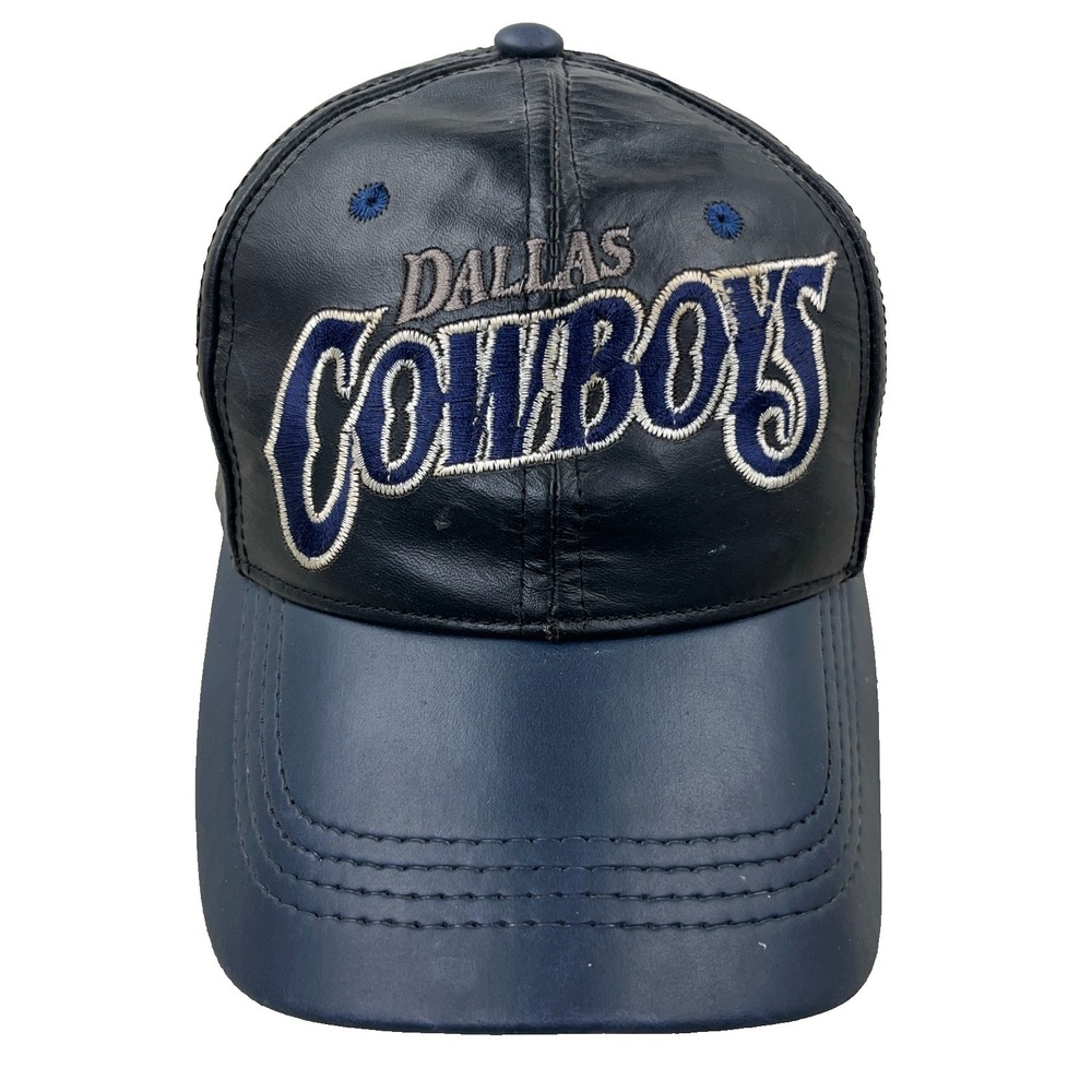 Vintage Dallas Cowboys Leather Snapback Hat Cap Made In USA 90s Black Blue NFL